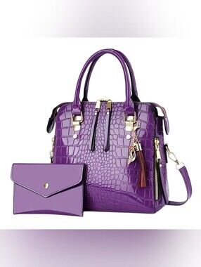 Purple Croc-Embossed Satchel Handbag with Pouch
